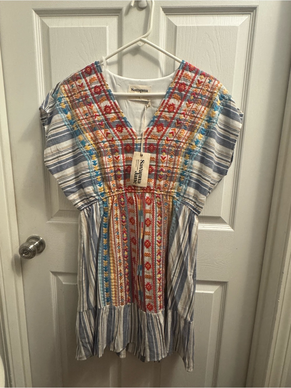 Savanna Jane Blue and White Striped Mini Dress with Multicolor Embroidery